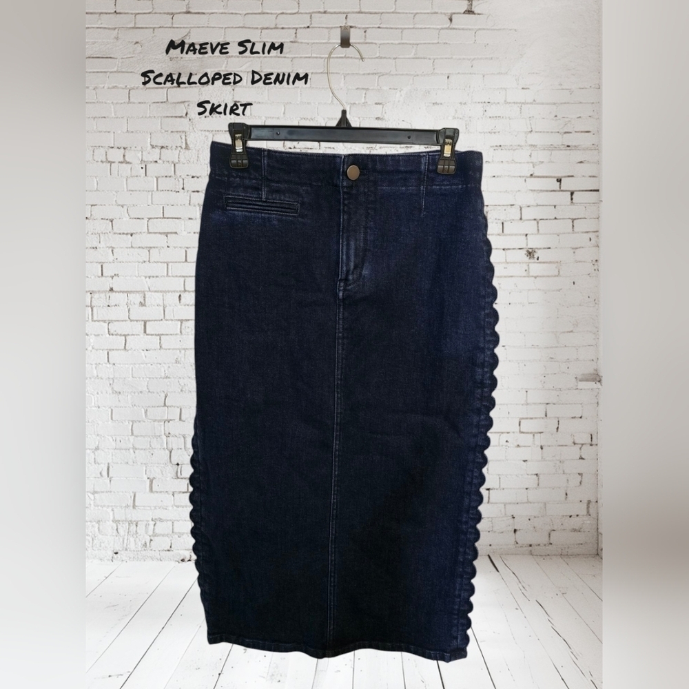 Maeve Slim Scalloped Denim Skirt - Dark Blue